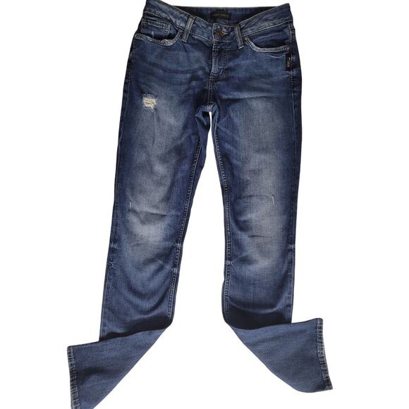 Silver Jeans Suki Straight Dark Distressed Indigo Stretch 26W/32L - Picture 2 of 5